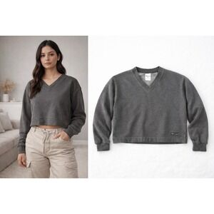 Champion V Neck Sweatshirt Gray Cropped Medium Vintage  90s 2000s Y2K